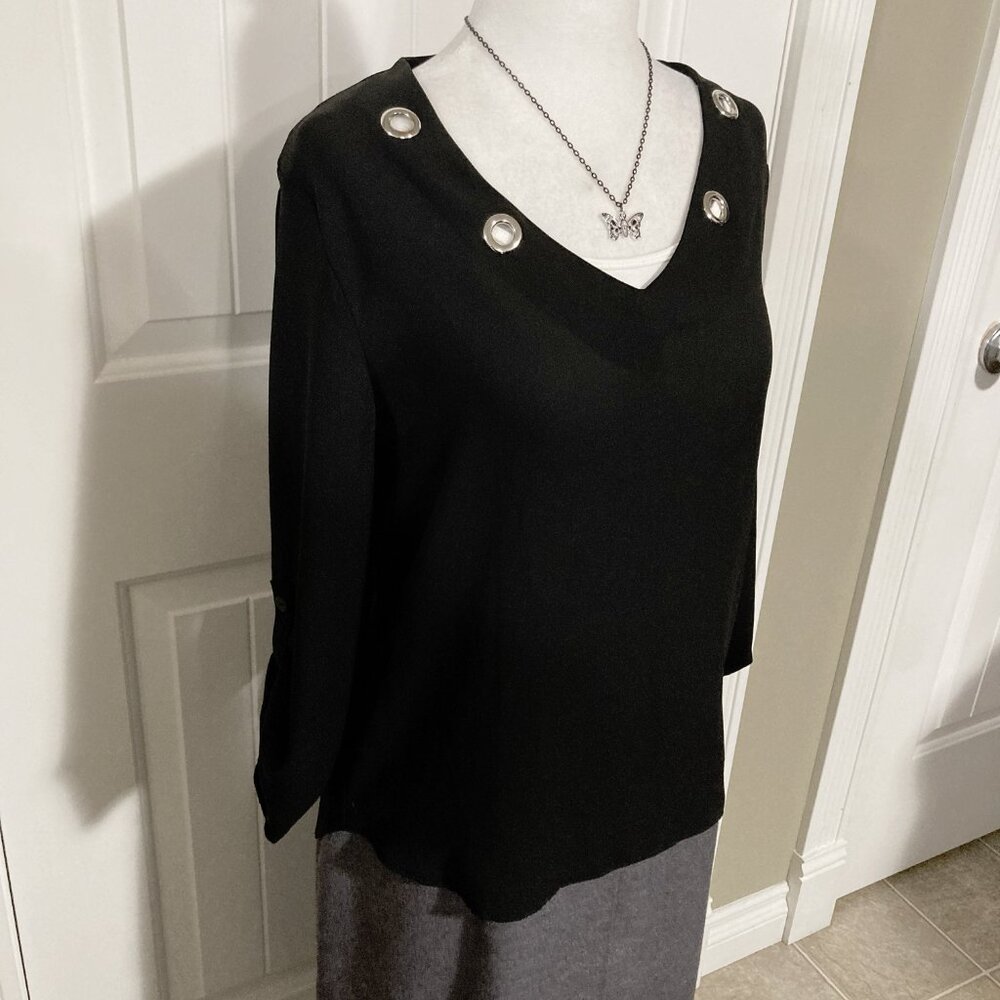 WAREHOUSE ONE Black semi-sheer shirt with silver tone grommets ~ XS SMALL top - Picture 6 of 14